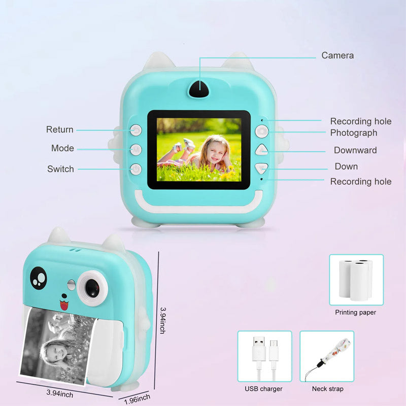 SnapDino Kids Instant Print Camera Dual Lens HD Video Thermal Print